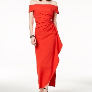 Red ruffle off the shoulder gown